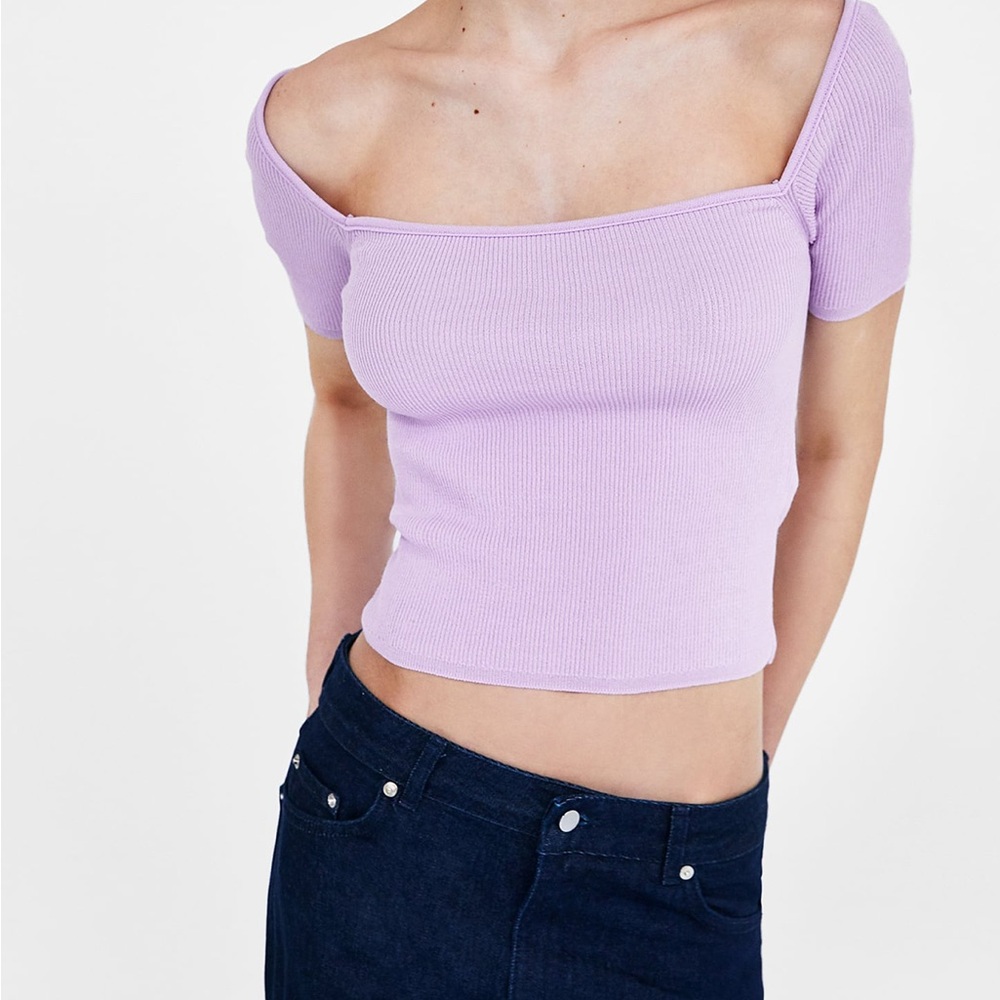 Zara Lavender Ribbed Off-Shoulder Top